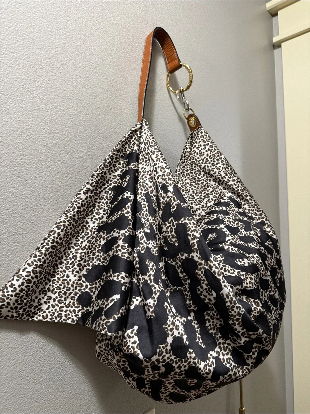 Vince Camuto Black and Brown Leopard Silky Shoulder Bag